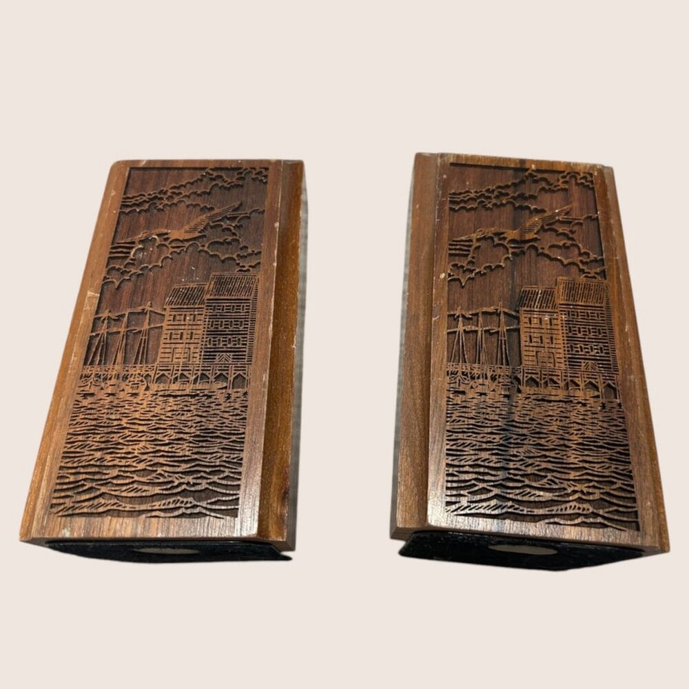 🪵 PAIR 70s VINTAGE LASER CRAFT SANTA ROSA CA SOLID WALNUT HARBOR SCENE BOOKENDS